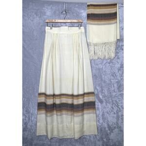Vintage Boho Skirt Womens S Striped Maxi Long Fringe Shawl Pleated Two Piece 70s